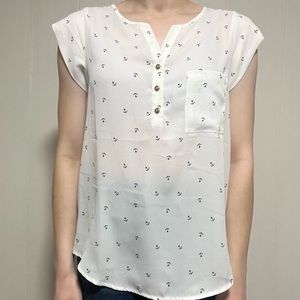 White cap sleeved blouse with anchor design